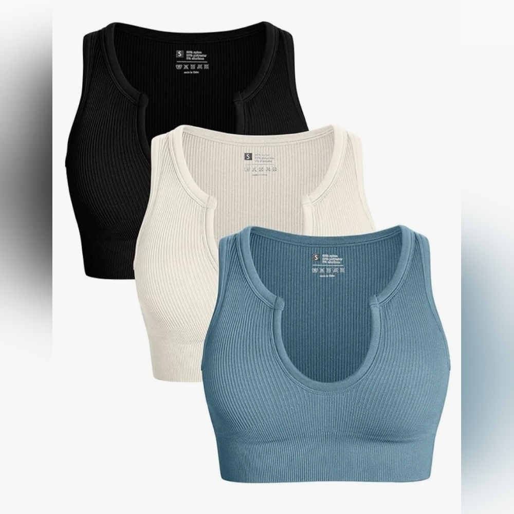 NWOT OQQ Women's Crop tops. Seamless. Set of 3. Black/Gray/Lt Blue